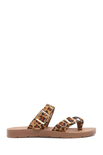 Derimod Women's Leopard Patterned Suede Flip Flops 26Sfe460110