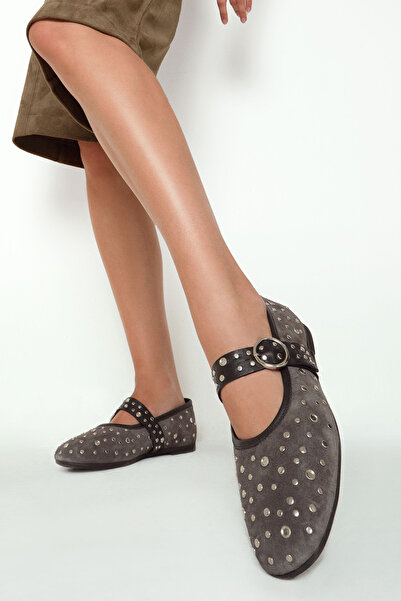 Derimod حذاء باليرينا نسائي من الجلد السويدي بإبزيم أنثراسايت 25AFD270810