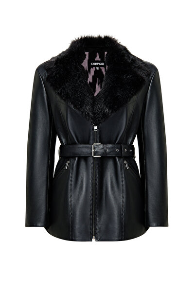 Derimod Scarlet Women's Black Fur Collar Leather Coat 25Wgd5621U5