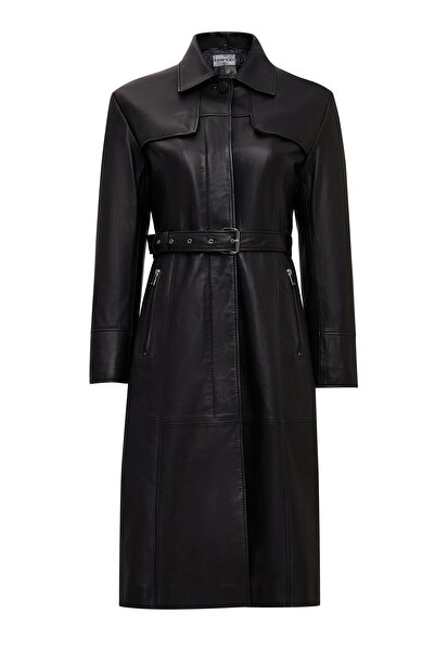 Derimod Betina Women's Black Shirt Collar Leather Top Coat 25Wgd5615U4