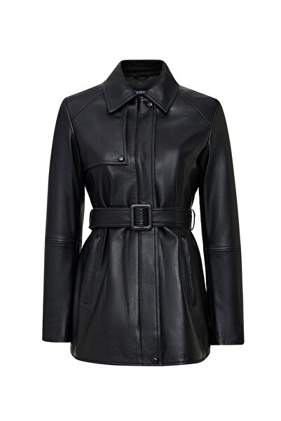 Derimod Cordelia Women's Black Belt Detailed Shirt Collar Leather Coat 25Wgd5...