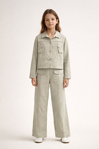 Cansın Mini Μπεζ λινό πουκάμισο με λεπτομέρειες και παντελόνι, σετ 2 τεμαχίων...