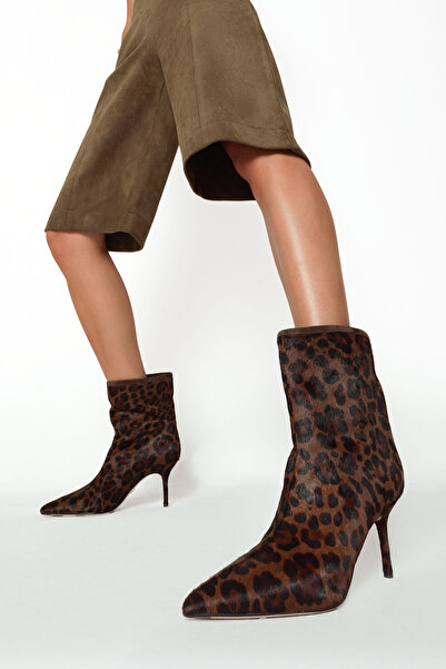 Derimod Women's Leopard Print Thin Heeled Leather Boots 25Wfd4912W2