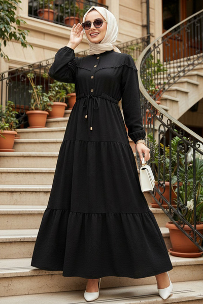 Neva Style Kat Piliseli Siyah Tesettür Elbise 10334S