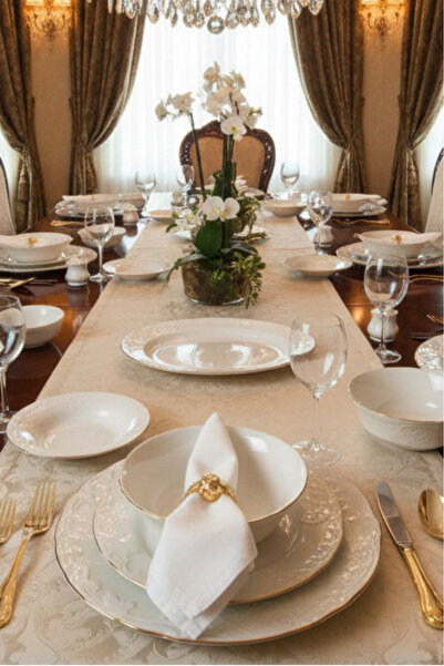 İpek Porselen 12 Kişilik Krem Yaldızlı Kabartma Desenli 55 Parça Yemek Takımı