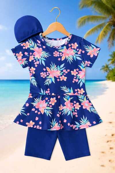 My Kids Wear Kız Çocuk Desenli Şortlu Bone’li Mayo Takımı 12571