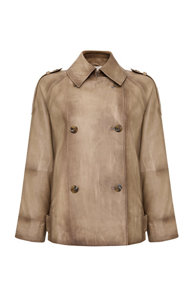 Derimod Estel Women Beige Double-Breasted Collar Oversized Leather Jacket 25S...