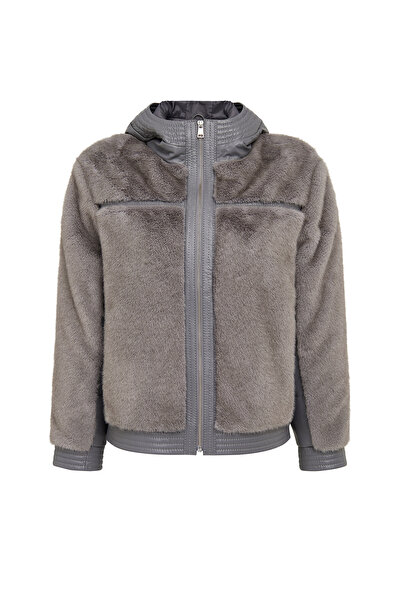 Derimod Prague Women's Gray Hooded Teddy Leather Coat 25Wgep5627Ff