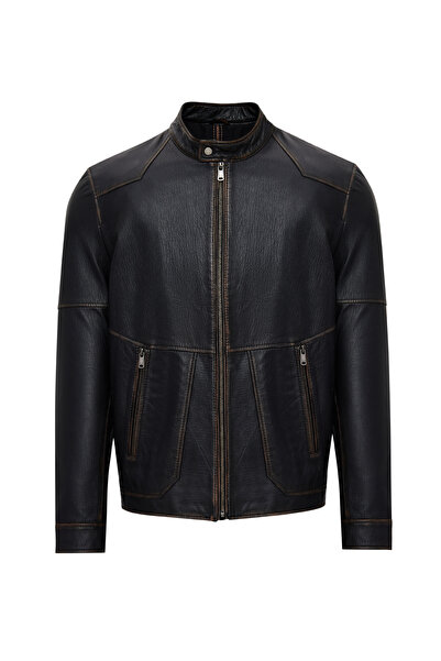 Derimod James Men's Black Judge Collar Leather Coat 25Wge6588Vd