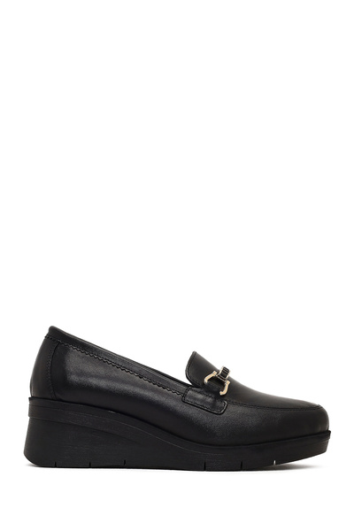 Derimod Women's Black Buckle Wedge Heeled Leather Comfort Loafer 25Afd154318