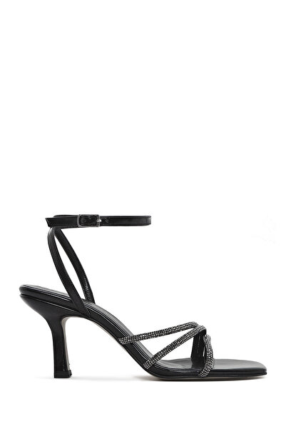 Derimod Women's Black Ankle Strap Stone Detailed Thin Heeled Sandals 26Sfe390232