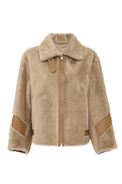 Derimod Meribel Women's Beige Wide Collar Teddy Leather Coat 25Wgp5205Ff