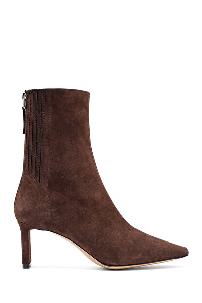 Derimod Women's Brown Zippered Short Heeled Suede Leather Boots 25Afd121510