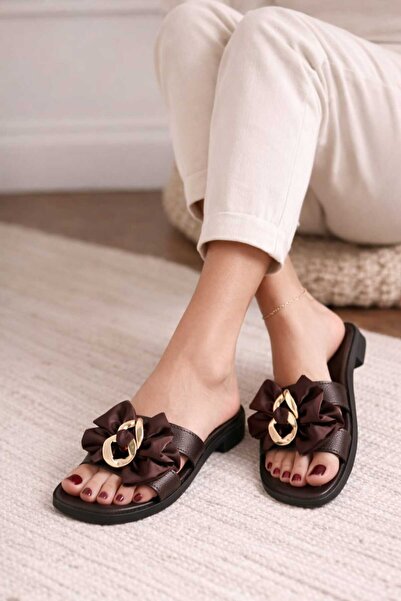 DYG STORE Aci Brown Satin Bow-Knot Gold Buckle Detail Slippers