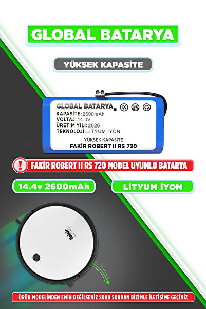 GLOBAL BATARYA Fakir Robert Iı Rs 720 Uyumlu Akıllı Robot Süpürge Bataryası 1...