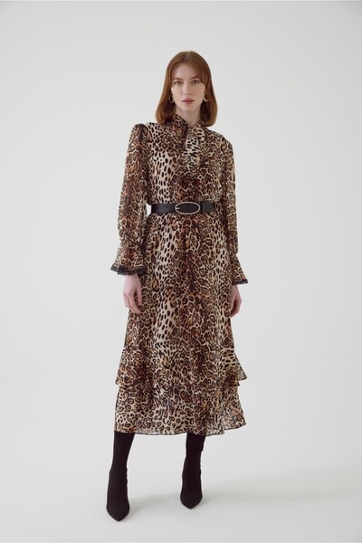 Exquise Leopar Desenli Kemerli Regular Maxi Elbise