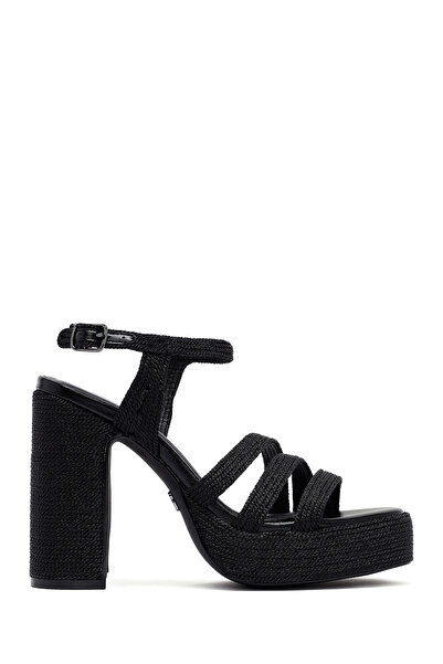 Derimod Women's Black Ankle Buckle High Thick Heeled Platform Straw Sandals,H...