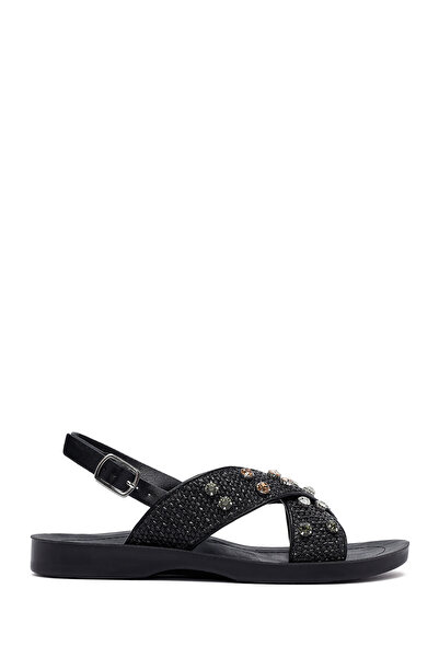 Derimod Women's Black Stone Straw Sandals 25Sfe4648M7