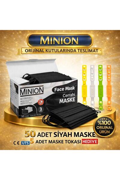 Minion Cerrahi Maske Siyah 50'lik Maske Tokası Hediyeli