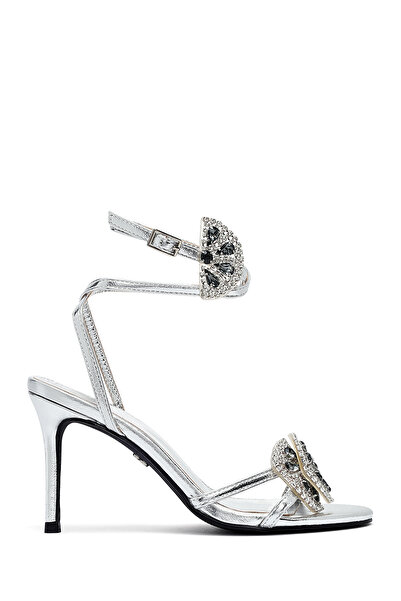 Derimod Pantofi cu toc subțire de damă, argintiu, cu cataramă, cu piatră, san...