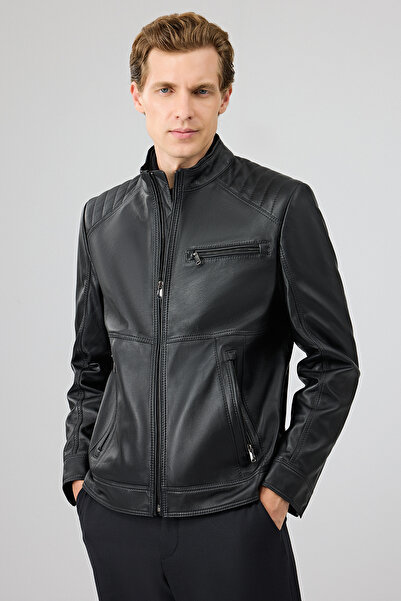 Derimod Tony Men's Black Judge Collar Short Leather Coat 25Wge65781M