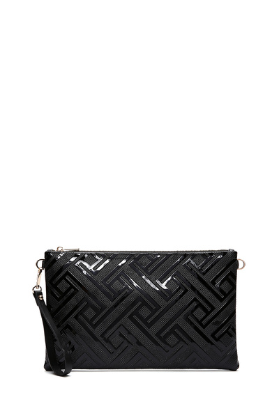 Derimod Дамска черна чанта с верижка и мотиви от лакирана кожа 25WBD220516