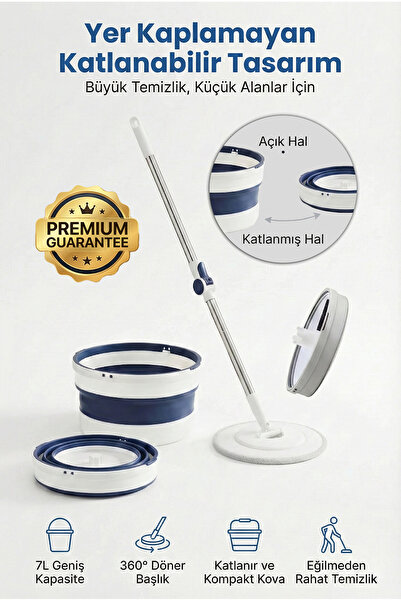 4 Berry Katlanabilir Spin Mop Seti – Küçük Alanlar İçin Yer Tasarruflu 7L Kov...