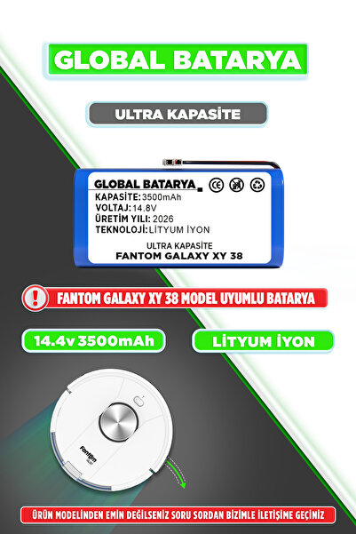 GLOBAL BATARYA Fantom Galaxy XY 38 Uyumlu Robot Süpürge Bataryası 14.8V 3500m...