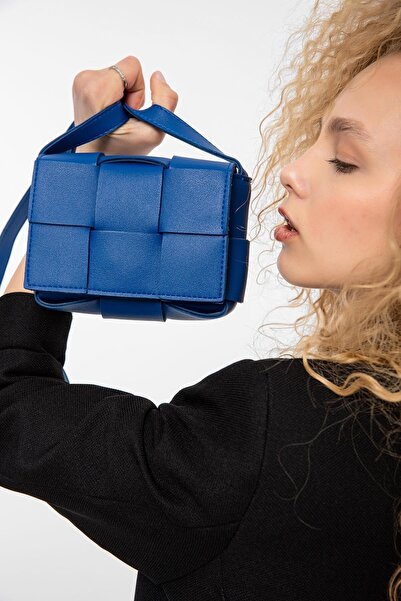 Saria Modd Geantă de umăr pentru femei, mini, din piele tricotată groasă, Sax...