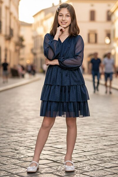 SUBU TASARIM Παιδικό βραδινό φόρεμα με βολάν Glittery Tulle Navy Blue Mdv308