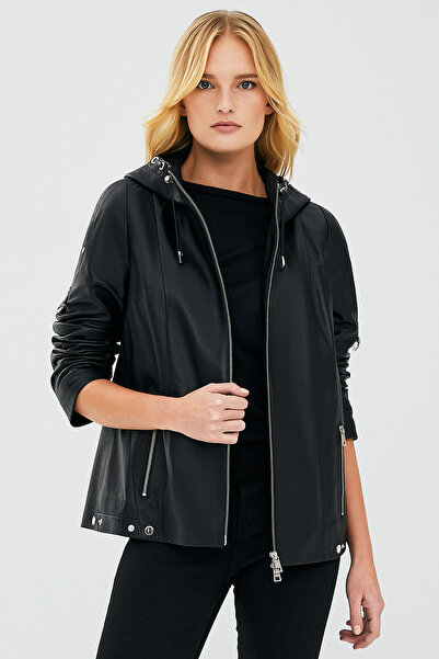 Derimod Judith Kadın Siyah Kapüşonlu Deri Mont 23SGD5045U4