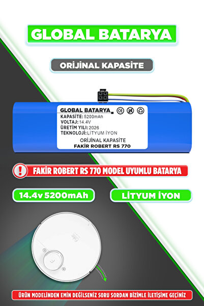 GLOBAL BATARYA Fakir Robert Rs 770 Uyumlu Robot Süpürge Bataryası 14.4v 5200m...