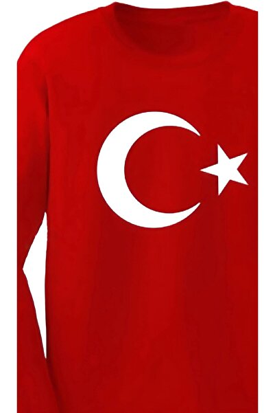 Genel Markalar Unisex Çocuk Uzun Kollu Kırmızı Ay-yıldızlı Tişört