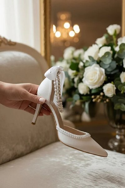 beeyzi moda 9 cm Thin Heeled Shoes with Pearls on the Ankle and Front, White Skin with Pearls and Helmet-Like Detail, Evening Dress Shoes