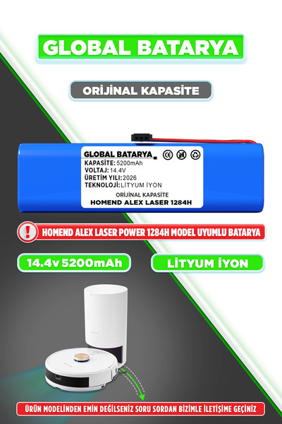 GLOBAL BATARYA Homend Alex Laser Power 1284H Akıllı Robot Süpürge Bataryası 1...