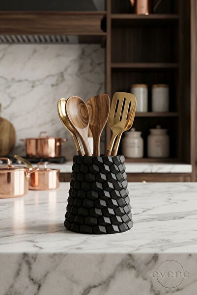 Evene Tezgah Üstü Kaşıklık Dekoratif Dik Kaşıklık Silindir Kaşıklık Siyah Ren...