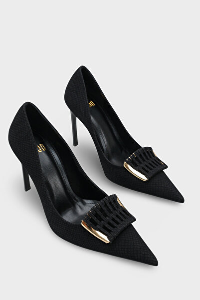 LOJO Women's Stiletto Pointed Toe Gold Buckle Detailed Casual Heeled Shoes Sa...