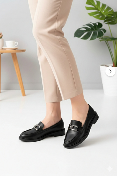 Büşra Çetin Kadın Kare Tokalı Loafer Siyah-Gümüş Günlük Ayakkabı