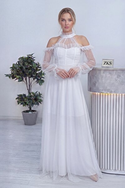 Elbise Delisi Beyaz Tül Drapeli Büyük Beden Abiye Elbise