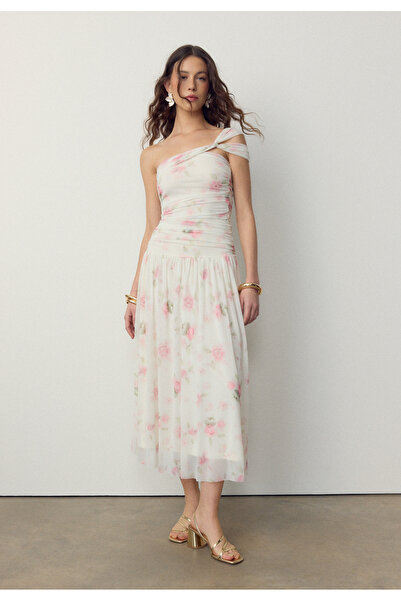 Stradivarius فستان ميدي من التول بياقة غير متماثلة