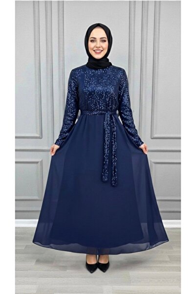 Genel Markalar ÇAĞLA ABİYE Kadın Lacivert Payetli ve Şifon Kumaş