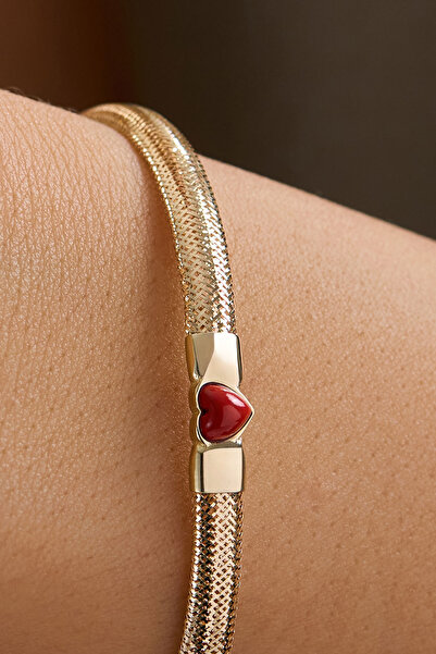 Bayar Gold 14 Ayar Altın Kırmızı Kalp İtalyan Esnek Bileklik