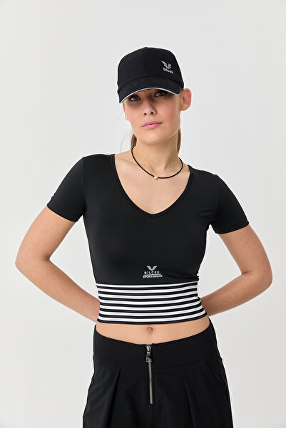 bilcee Kadın Siyah Kısa Kollu Desenli Spor Crop Body 0077