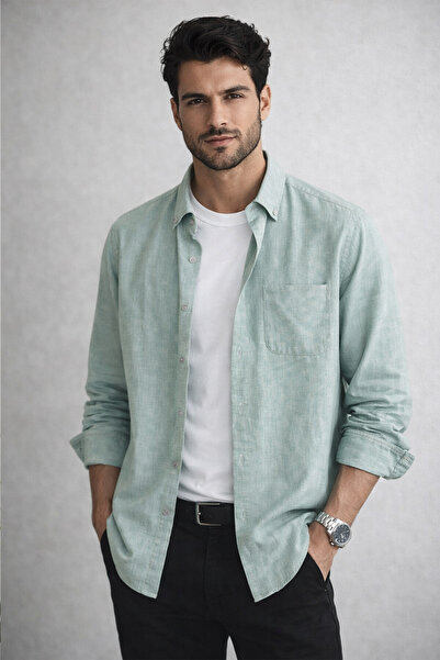 Varetta Cămașă verde uni pentru bărbați, cu mânecă lungă, buzunare și nasturi...