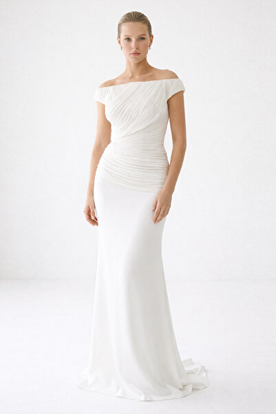 Setre Ecru Collar and Draped Detail Full-Fit Evening Dress with Waist Fit
