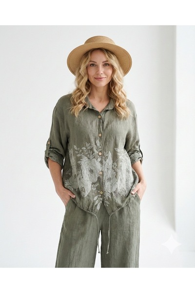 della moor Дамски комплект от каки италиански ленен топ и долнище с флорални ...