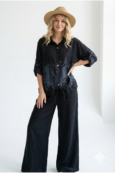 della moor Дамски комплект от черно италианско ленено горнище и долнище с фло...