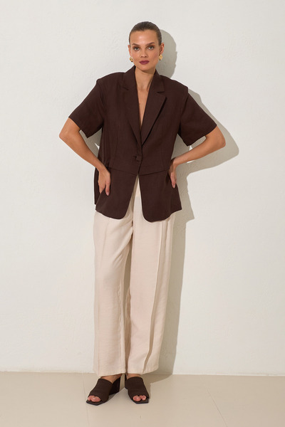 Setre Bitter Brown 100% Linen Wide Fit Short Sleeve Jacket with Button and Wa...