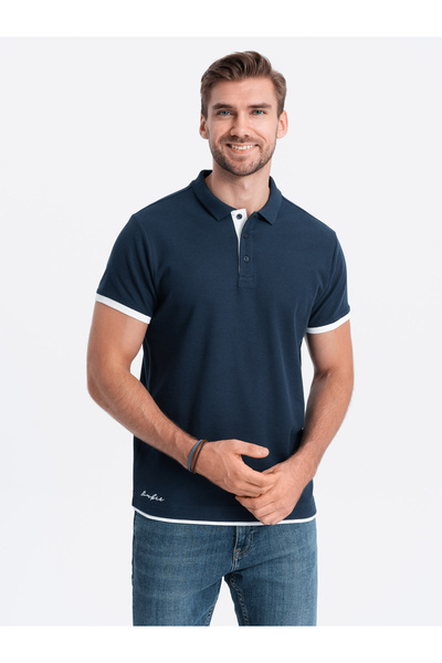 OMBRE Herren-Poloshirt aus Baumwolle mit Kontrastbesatz - Dunkelblau OM-POSS-...