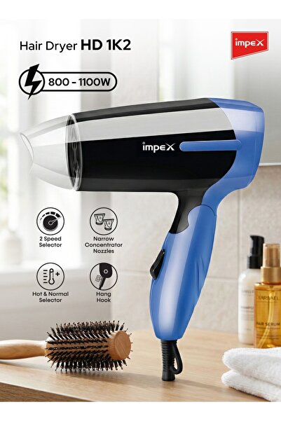 İMPEX HD 1K2 Travel Hair Dryer 800-1000W Foldable Cool Shot Speed Hang Loop F...